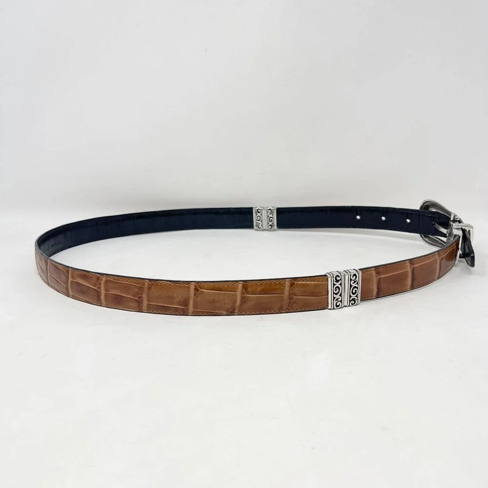 Brighton Reversible Leather Belt Wms 36 Navy Blue Brown Croc Embossed Silver